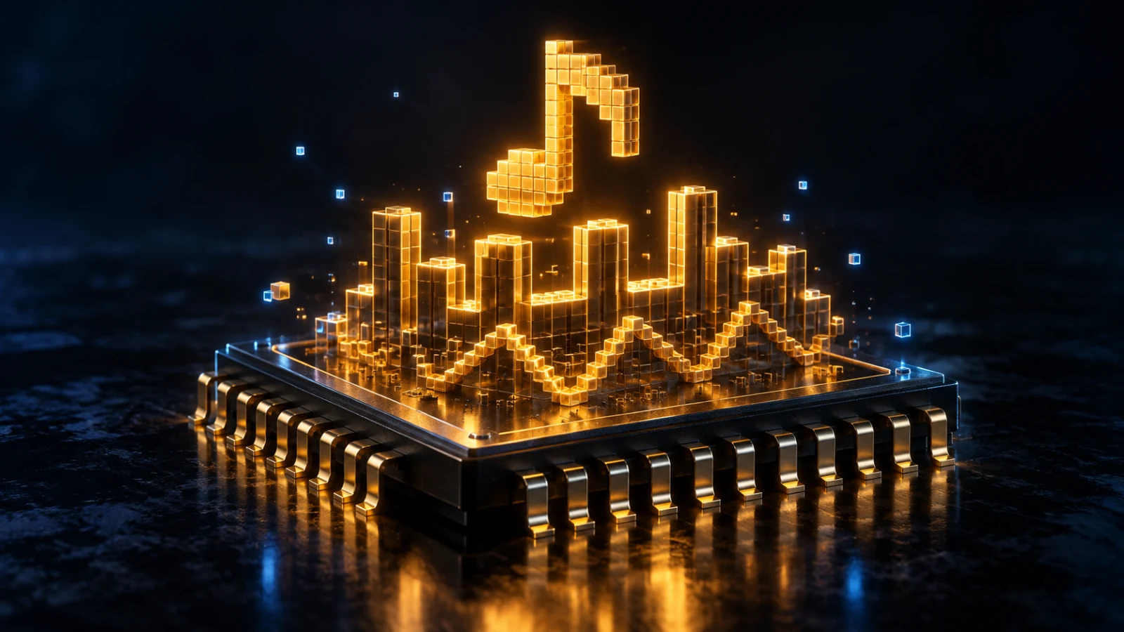 Gold voxel notes, square-wave towers and a triangular wave rise from a black chip.