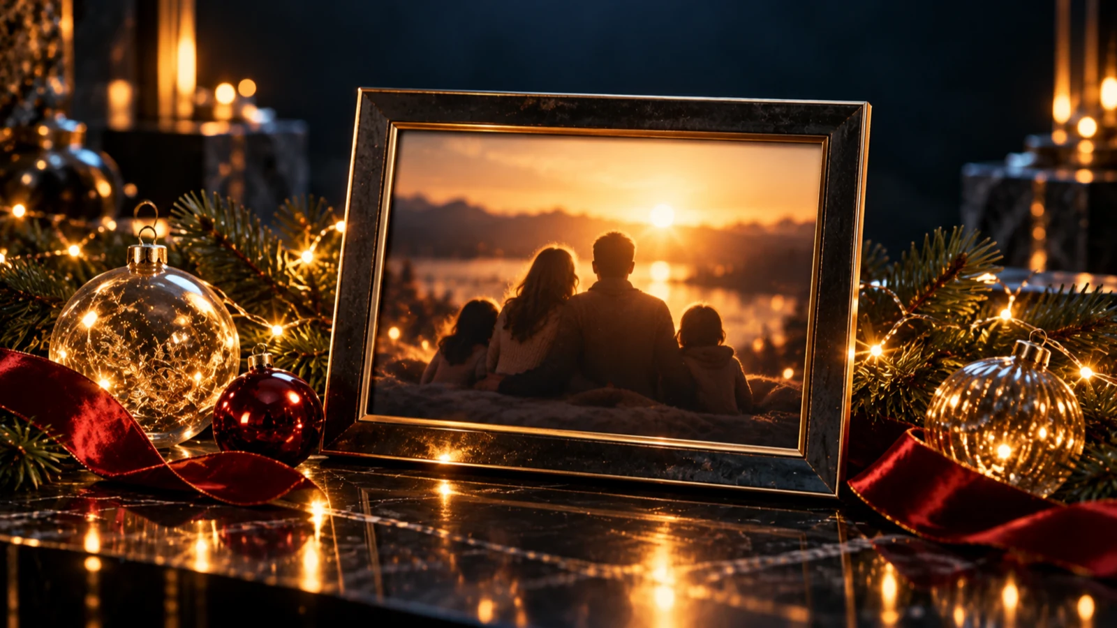 A framed photo print on a dark table, surrounded by gold fairy lights, pine sprigs and a red ribbon in a warm glow.