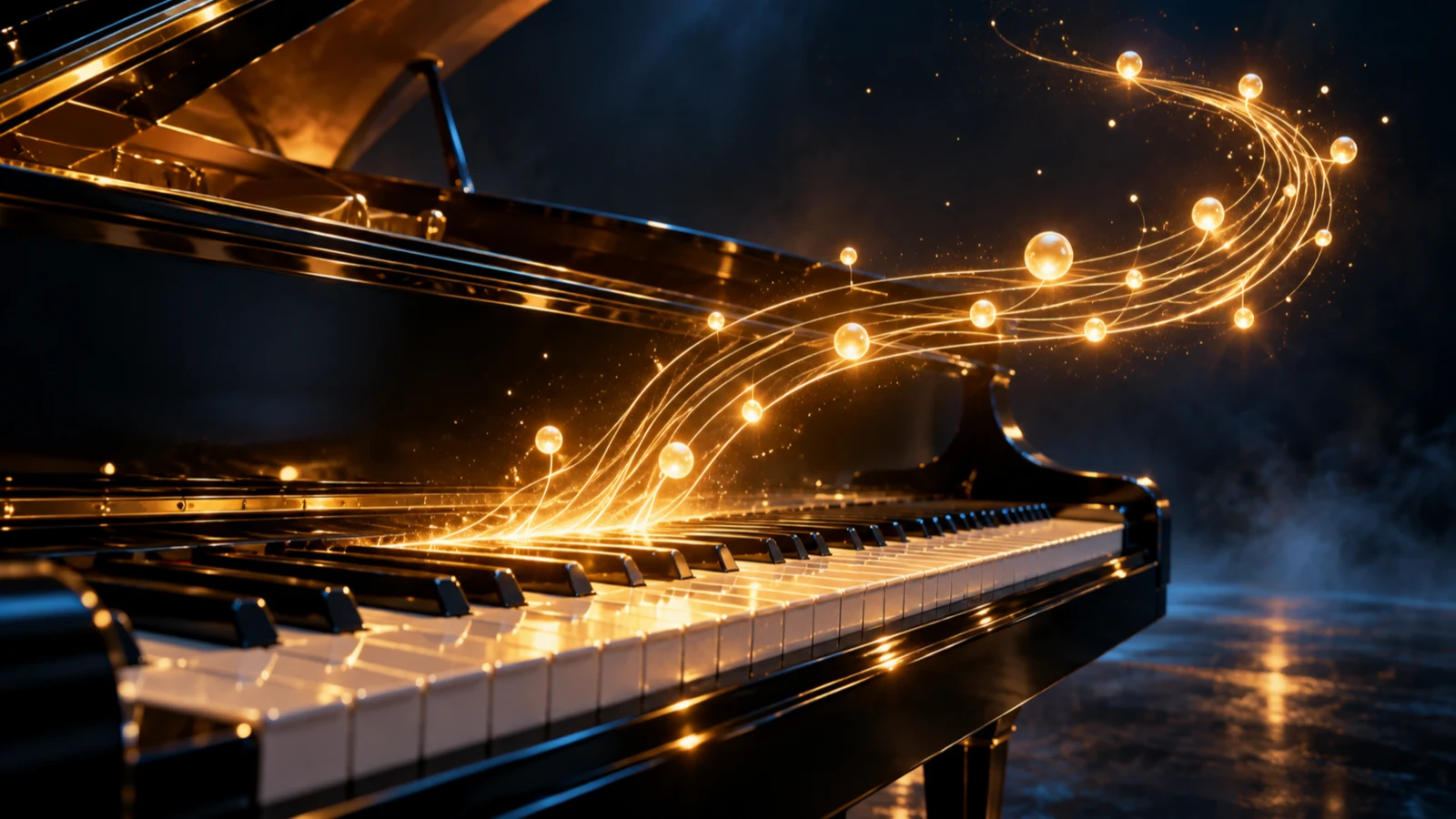 A golden melodic line rises from piano keys into floating notes on a dark stage edged with warm light.