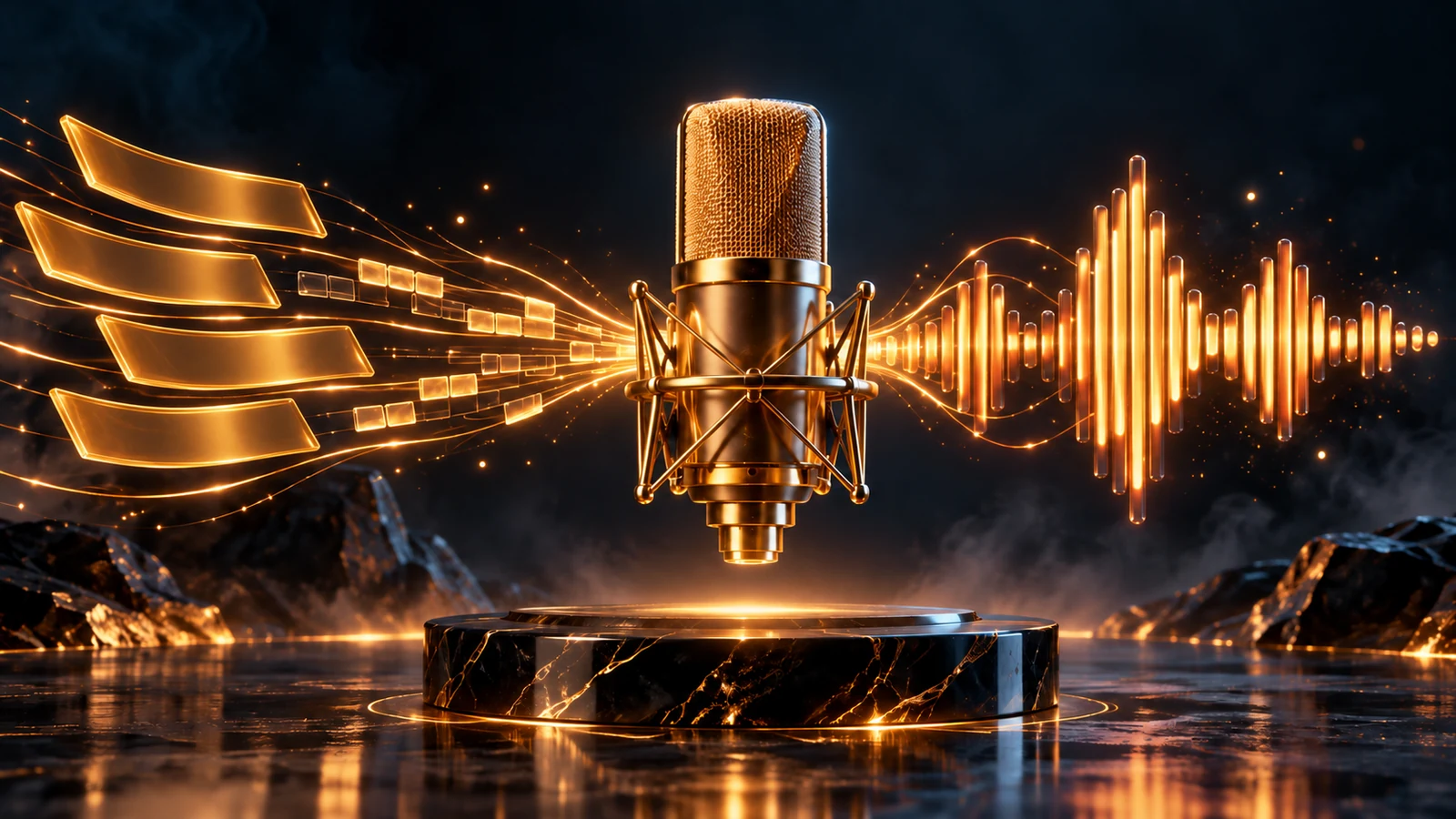 A gold microphone between abstract lyric panels and an audio waveform on a dark stage.
