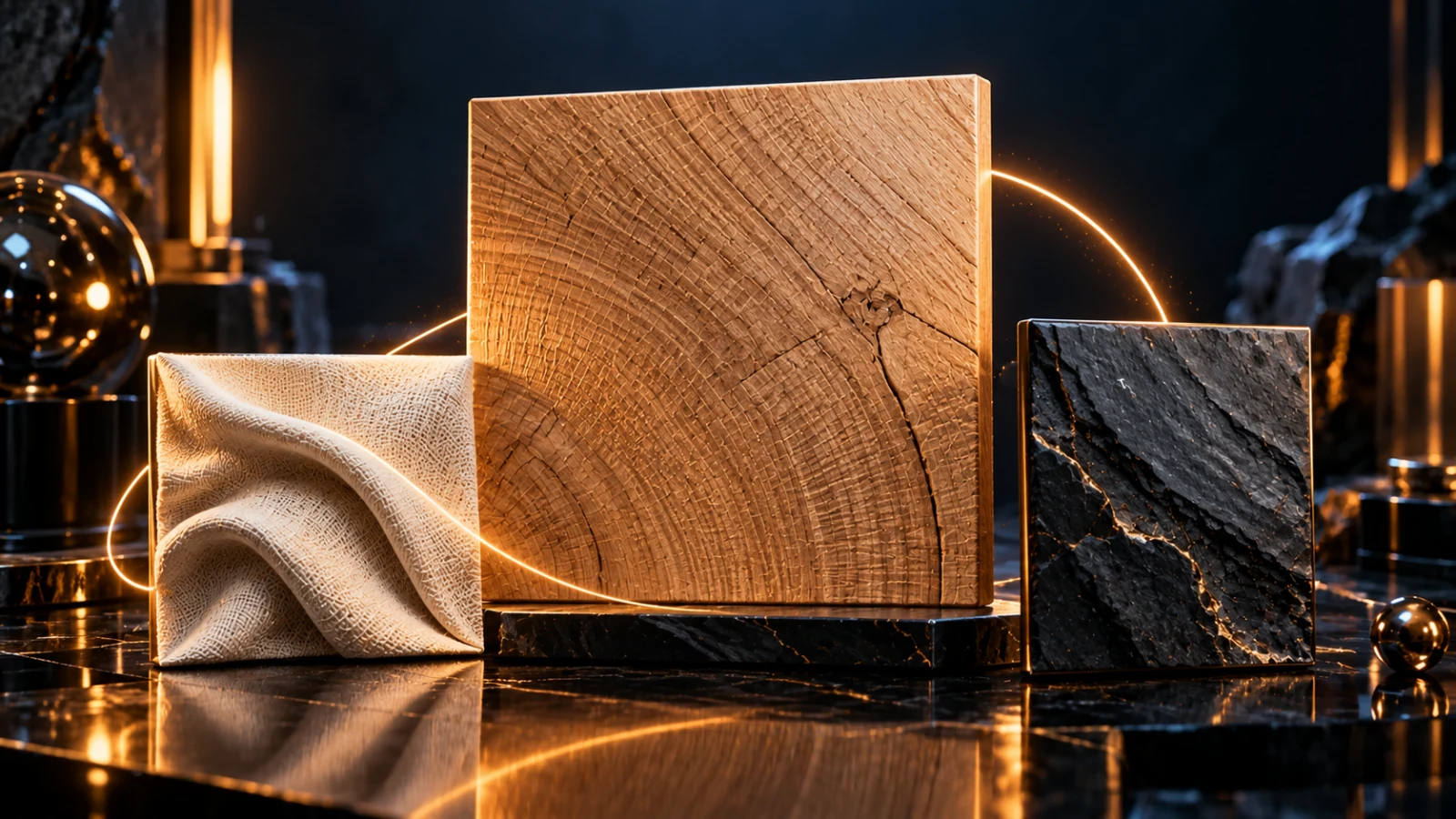 Oak, ivory linen and dark slate material samples on a reflective black plinth with warm gold lighting.
