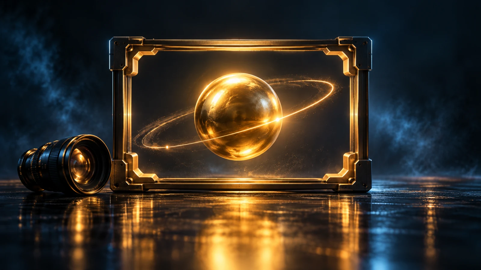 A golden sphere and an orbiting light trail inside a cinematic frame beside a lens.