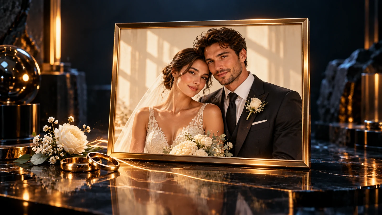 A gold-framed wedding portrait of a fictional adult couple, with wedding bands and ivory flowers on a dark reflective surface.
