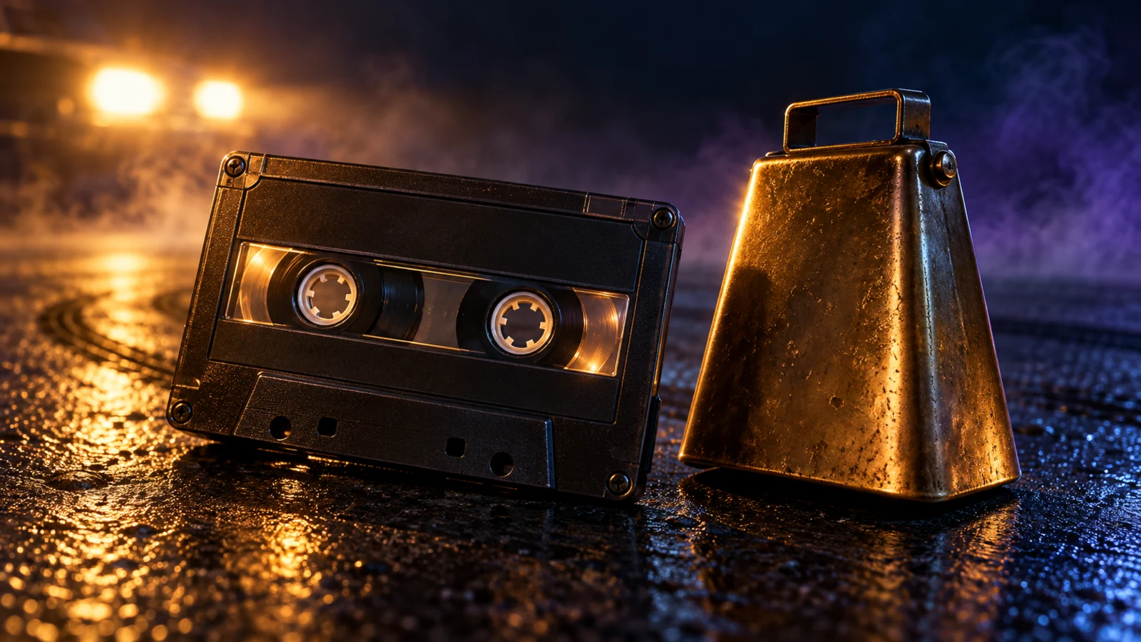 A vintage cassette and brass cowbell on dark asphalt, with amber headlight glare and a faint purple haze.