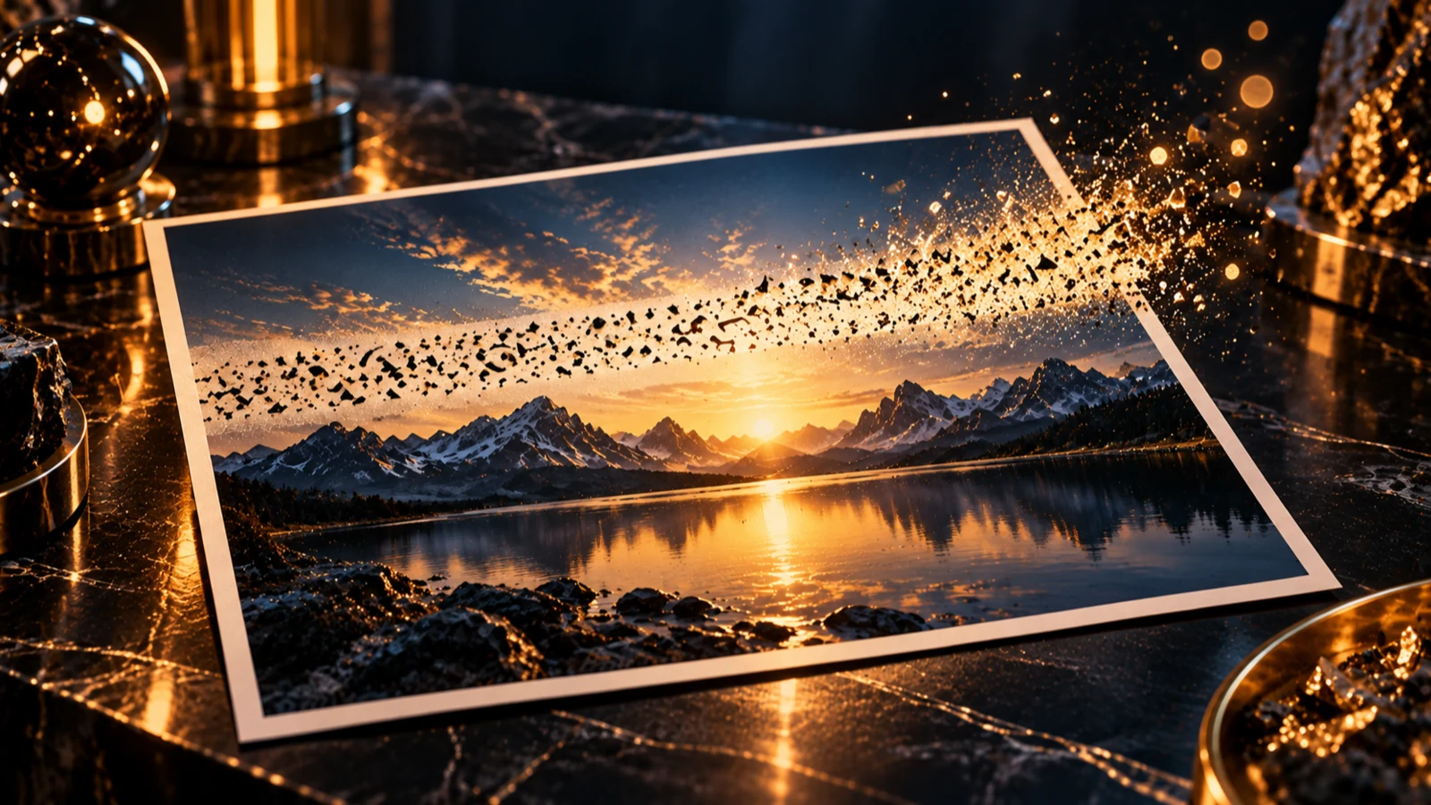 A mountain-lake photo print on a dark desk, crossed by dark fragments dissolving into gold particles.