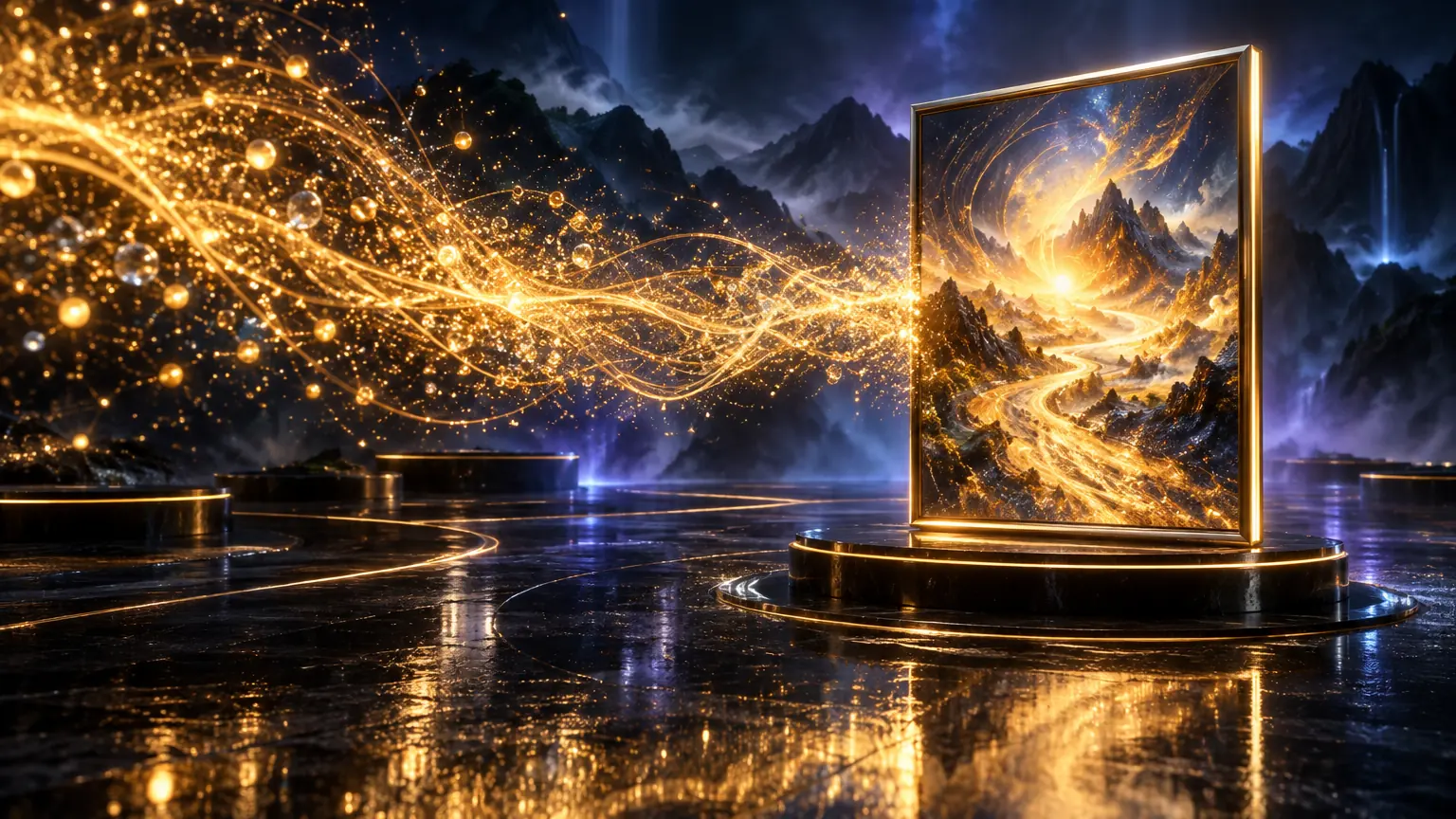 Abstract 3D render: a braided stream of golden light particles flowing in from the left and crystallising on the right into a single crisp framed picture pane on a black pedestal.
