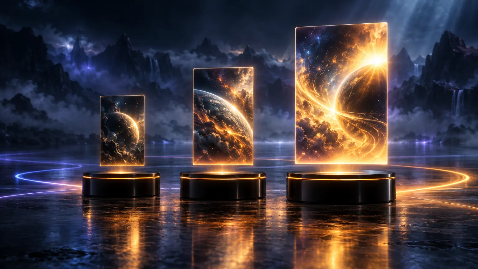 Abstract 3D render: three glossy black pedestals side by side, each holding a floating picture pane, the panes growing larger and brighter from left to right under amber rim light.
