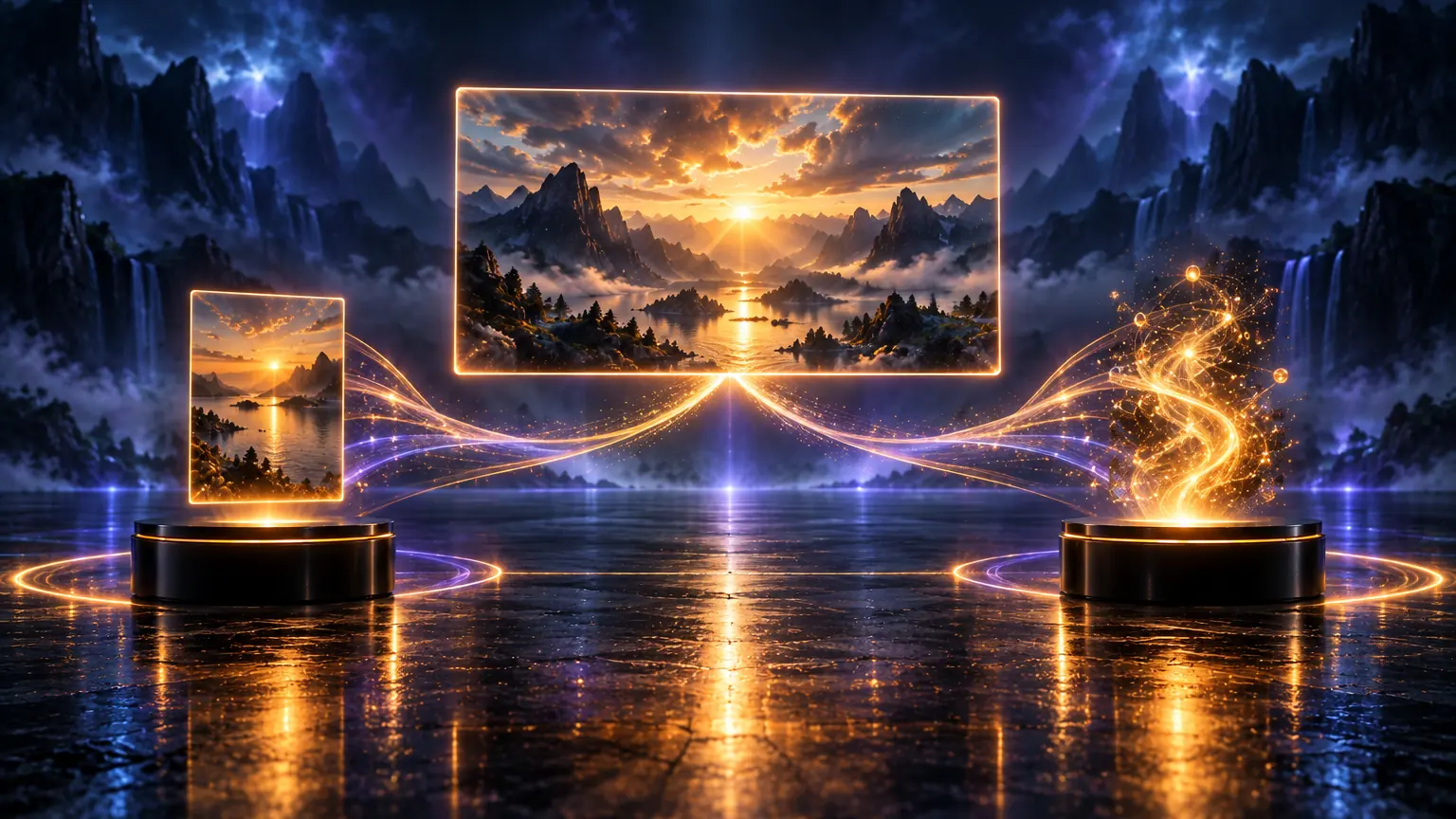 Abstract 3D render: two identical glossy black pedestals face each other on a wet mirrored floor, one carrying a single still photo plate and the other a cluster of glowing particles, with ribbons of blue and violet light arcing up from both into one large golden cinematic pane floating between them.