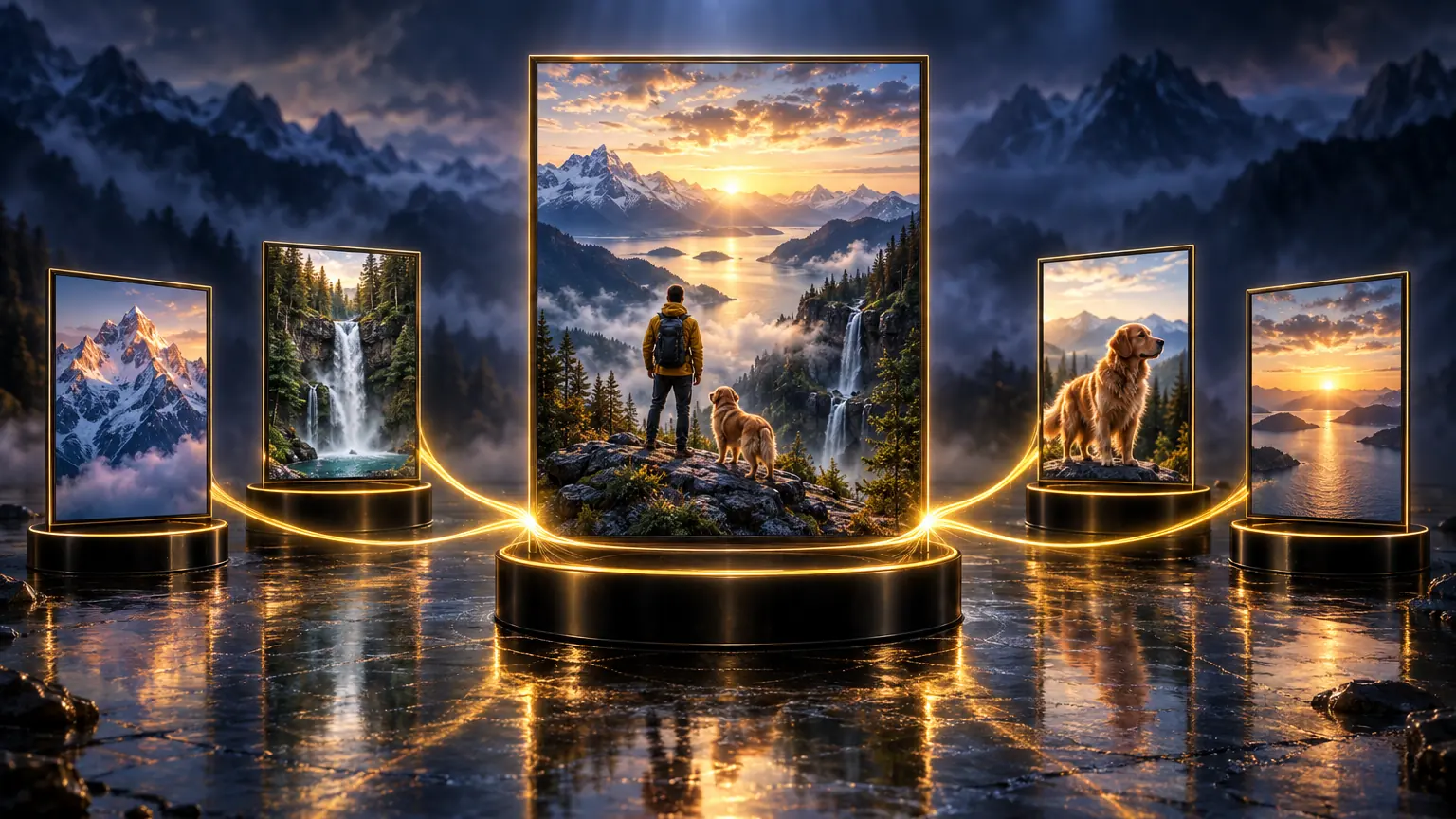 Abstract 3D render: four small framed reference panes arranged in an arc, each trailing a golden light thread inward to a single large picture pane on a central black pedestal.