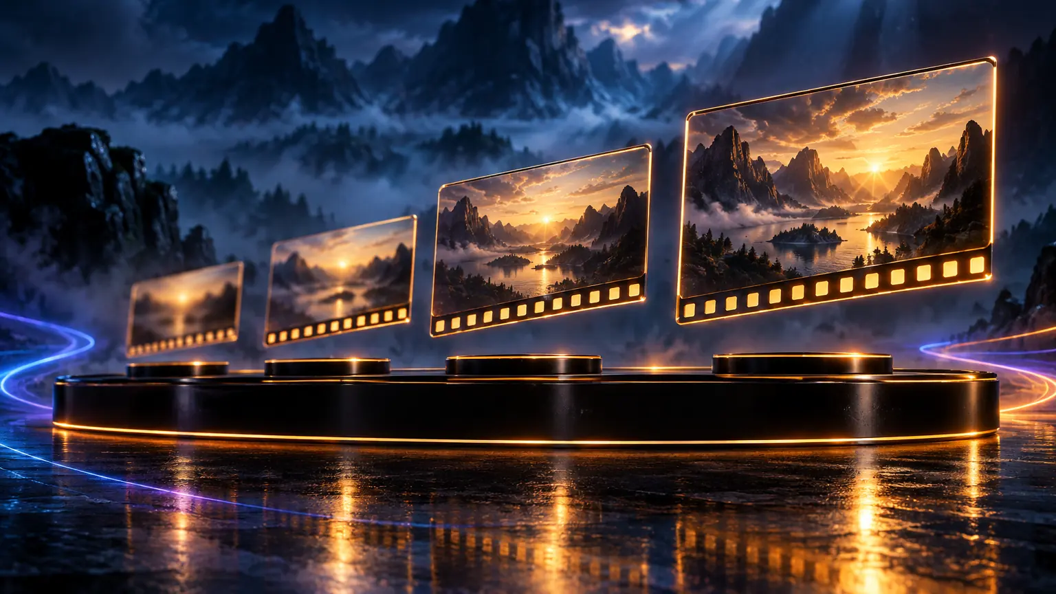 Abstract 3D render: four suspended cinematic panes stepping upward from left to right above a long black plinth, each larger and sharper than the last, trailing glowing amber film sprockets.
