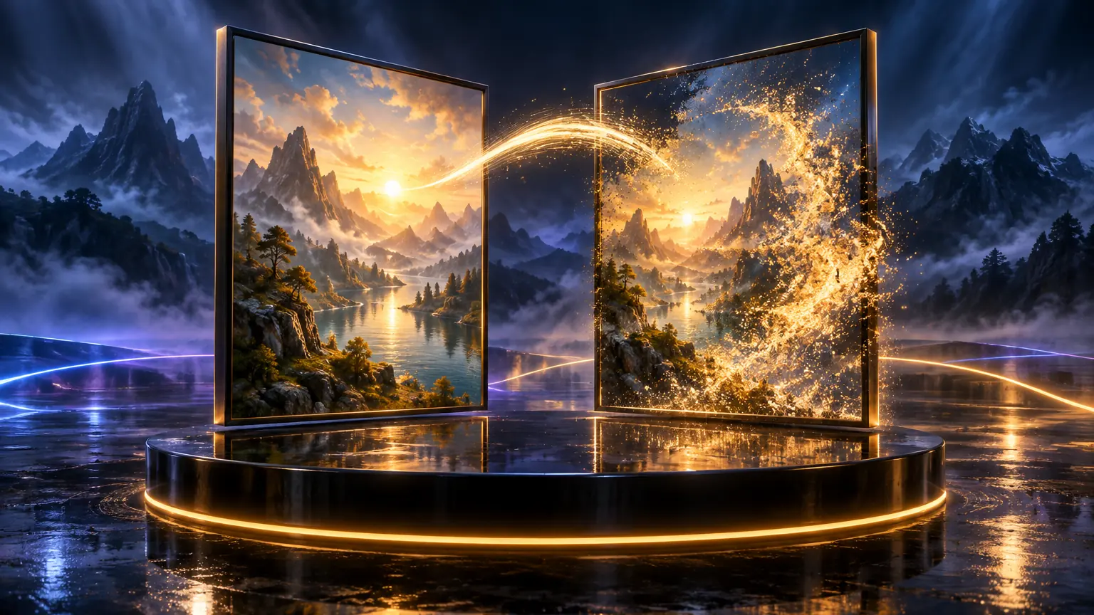 Abstract 3D render: two framed picture panes on one black plinth, the right one breaking into a swirl of golden particles that re-form the scene, joined to the left one by an arc of light.