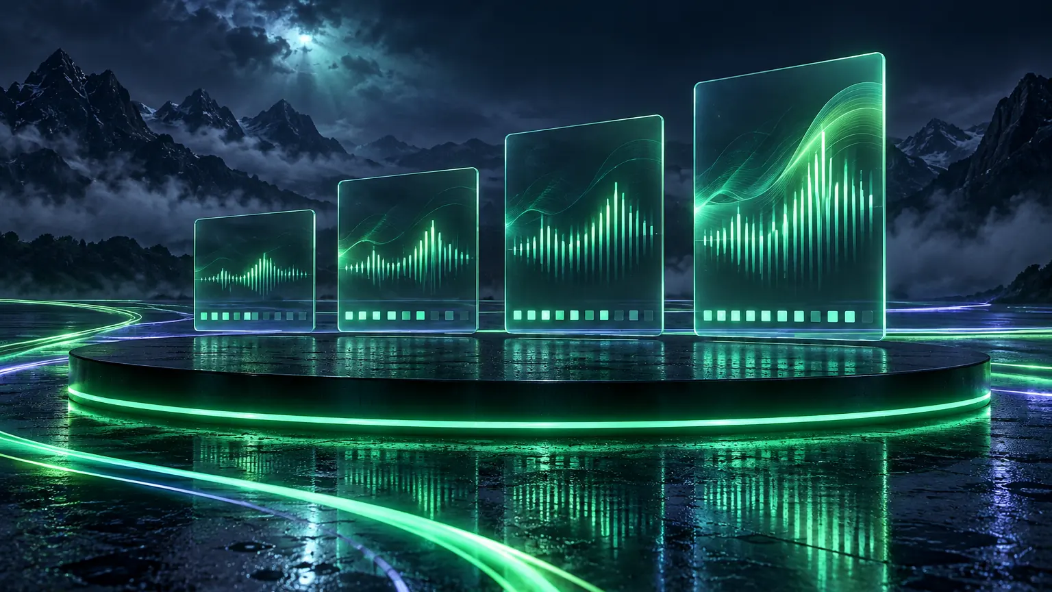 Abstract 3D render: four suspended glass panels stepping upward from left to right above a black circular stage ringed in green neon, each panel lit with glowing green waveform bars and mirrored in a wet floor beneath misty night mountains.