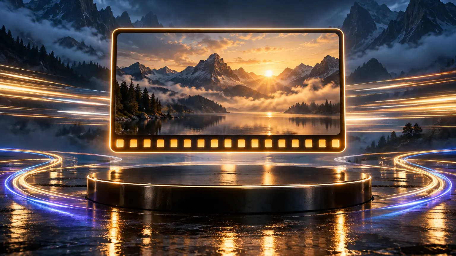 Abstract 3D render: a single wide cinematic pane framed in glowing amber floats above a black circular plinth on a wet mirror floor, with horizontal streaks of amber light rushing past it and blue-to-violet neon ribbons curving across the ground.