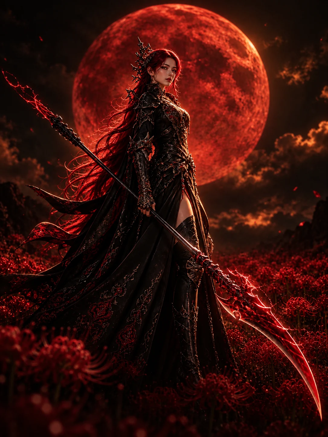 A breathtaking tall red-haired adult female warrior in flowing Gothic black ceremonial armor stands in a field of blood-red spider lilies beneath an enormous centered crimson full moon, holding exactly one elegant long-handled red energy glaive. Use a low-angle vertical composition with a refined face visible beneath dramatic shadow, a clean readable silhouette, crystalline hair strands, layered black fabric and engraved dark metal. Crimson moon backlight and a narrow neutral key light preserve the facial features while deep blacks create an ominous, regal mood. Render spectacular 8K dark-fantasy cinematic quality with a razor-sharp face, embroidery, metal engravings, flower stamens and energy particles, HDR, rich microcontrast and no motion blur on the subject. No muddy shadows, excessive bloom, duplicated limbs, malformed hands, text, logos, or watermark.